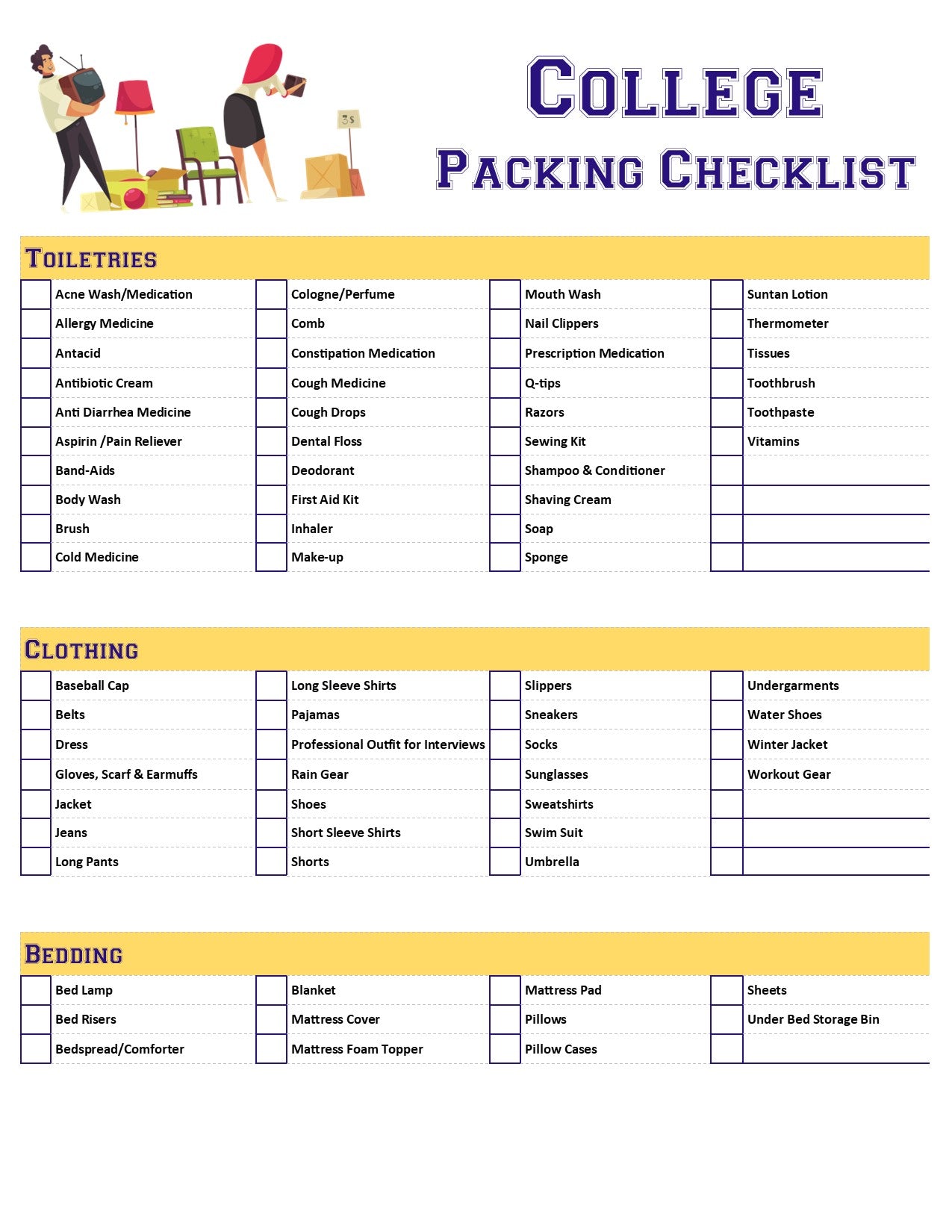 University Dorm Room Move In Checklist