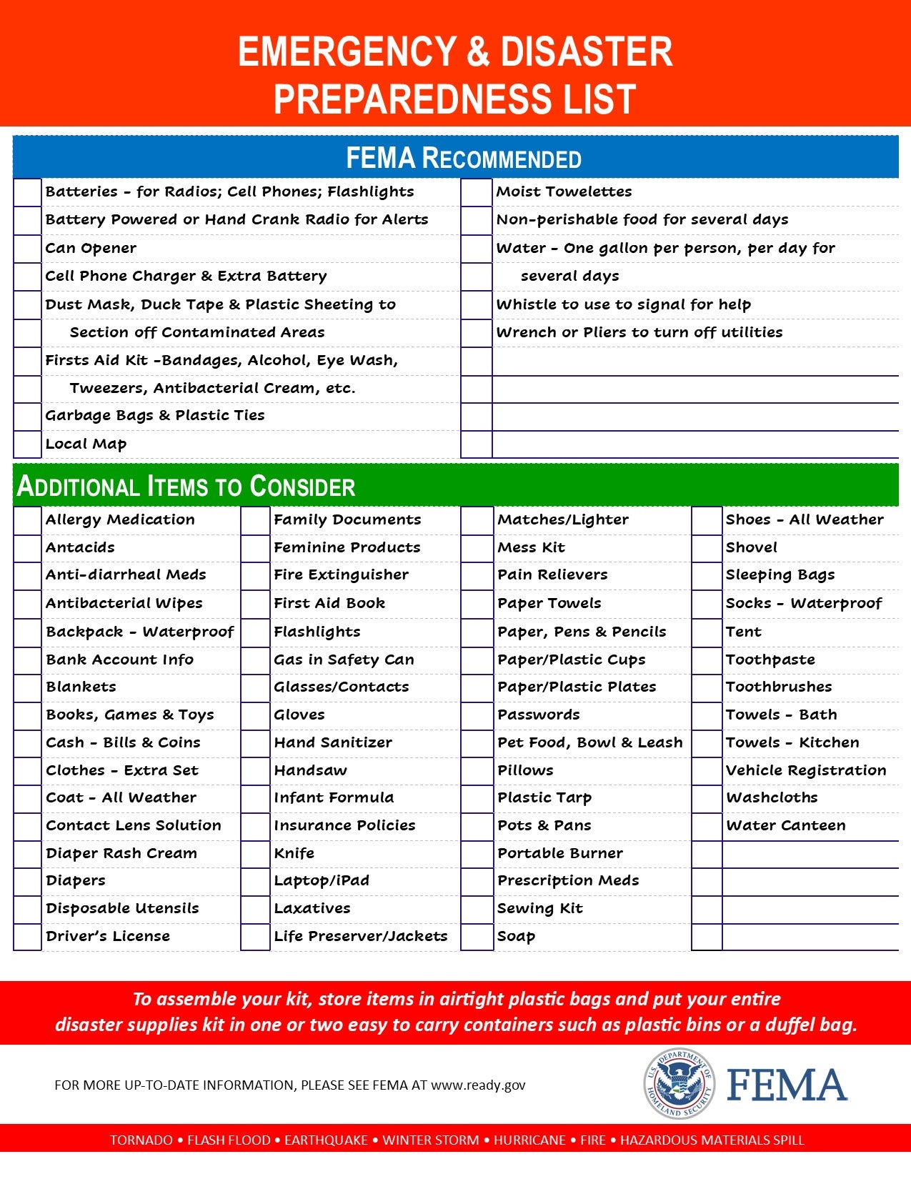 Emergency Disaster Checklist for Hurricanes, Fires, Tornadoes, Earthquakes, Winter Storms and other events