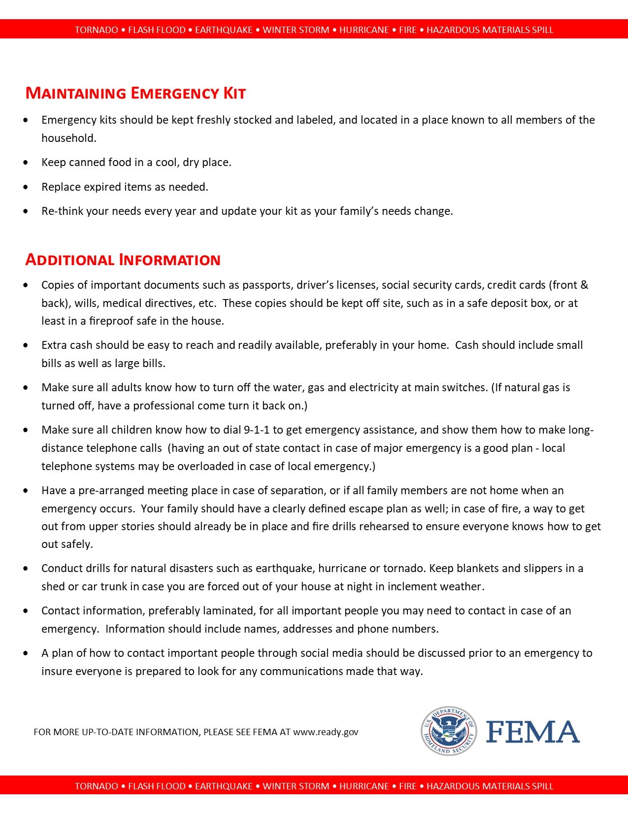 Emergency Disaster Checklist for Hurricanes, Fires, Tornadoes, Earthquakes, Winter Storms and other events