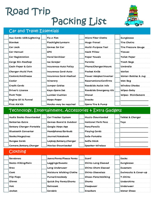 Road Trip Packing LIst