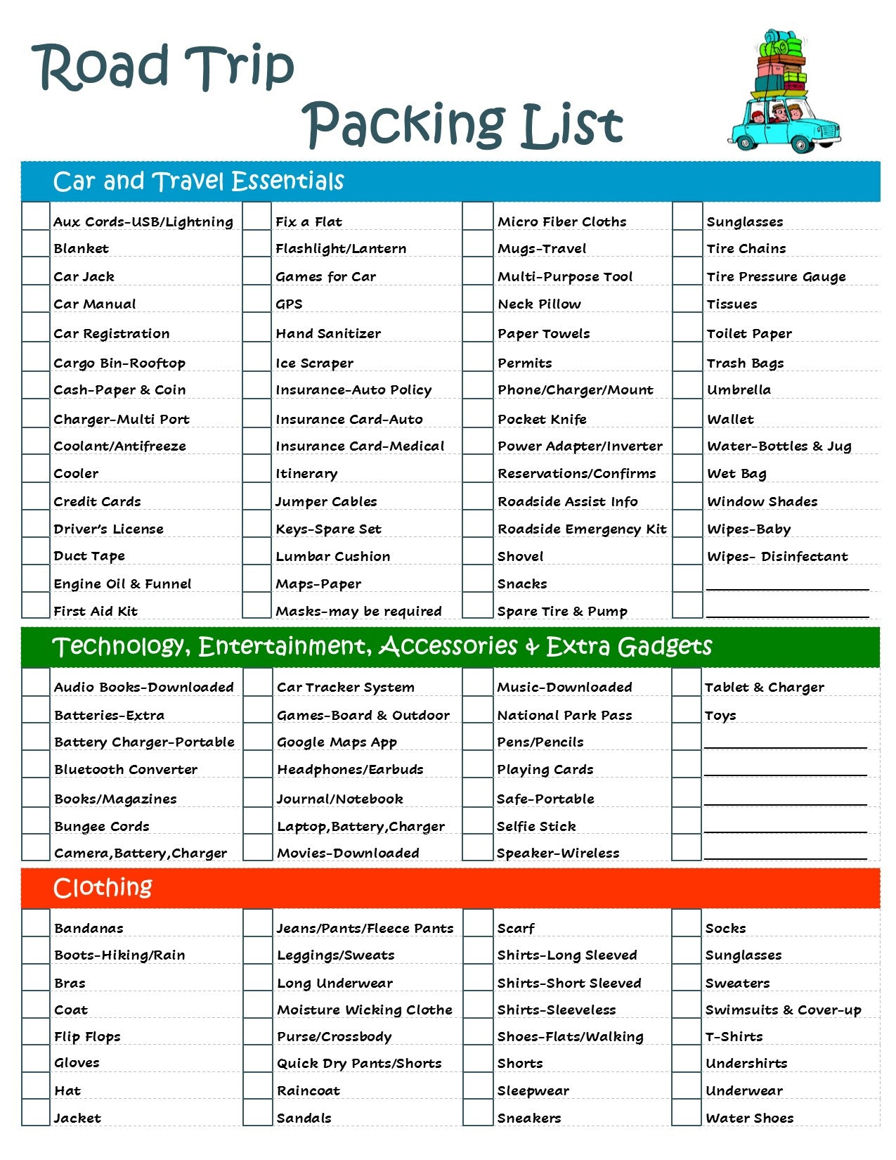 Road Trip Checklist - Ultimate Planner Packing List – Reusable ...